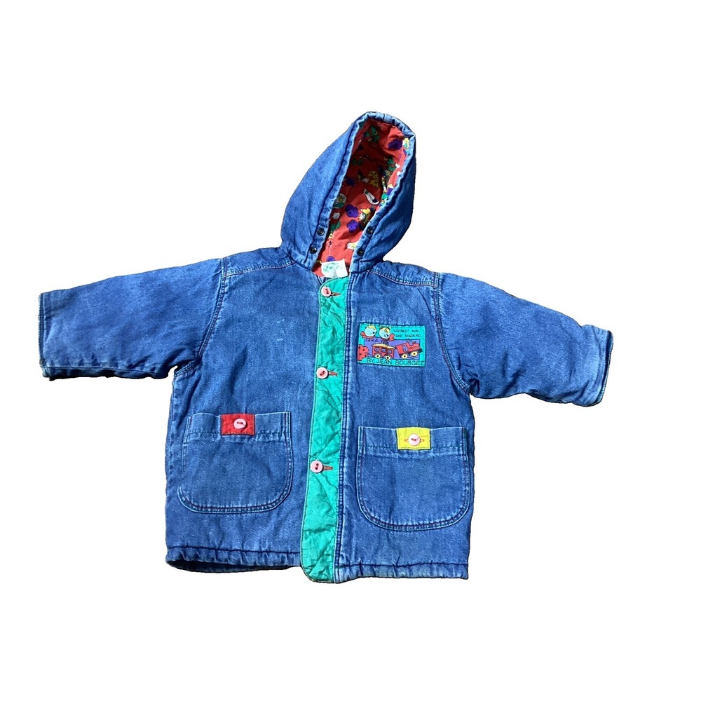 Vtg Jean Bourget Toddler Jean Jacket Insulated Color Block Train Pattern Sz 2-4